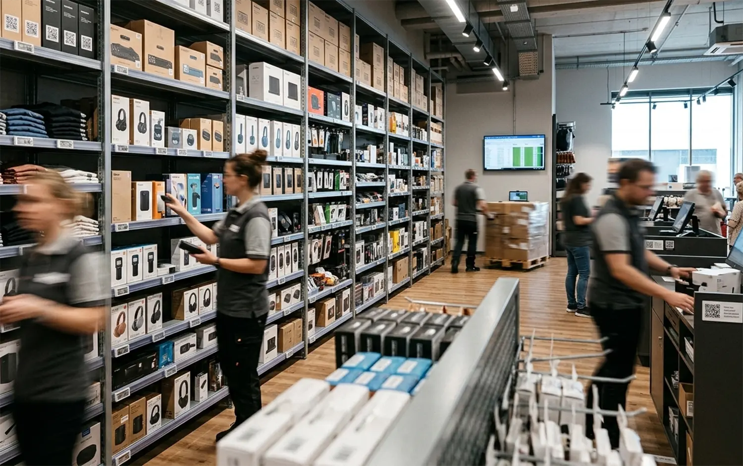 Interiorul modern al magazinului și depozitul comunică eficiența gestionării datelor prin intermediul smartphone-ului Android 13 cu cititor de coduri de bare integrat pentru inventare exacte și logistică fără probleme.