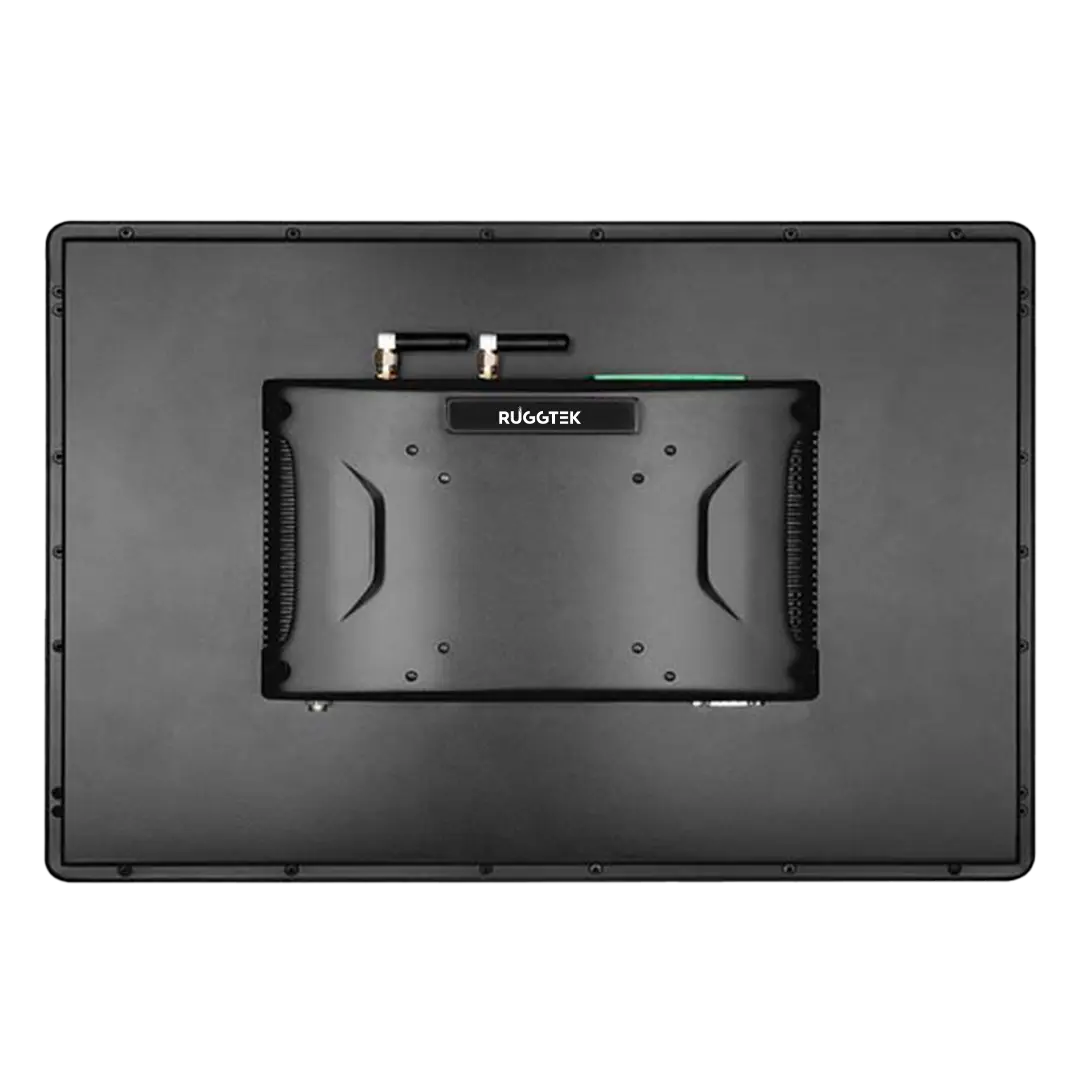 PVL115 Fahrzeugcomputer Rückansicht mit VESA RAM-Halterung und externen WiFi-Antennen
