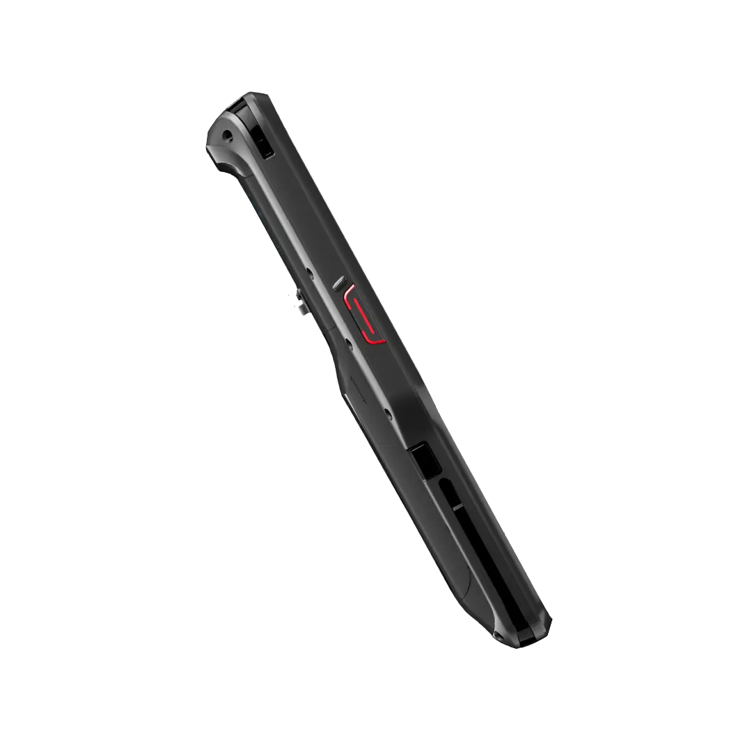 Terminal industrial resistente RPN410: vista lateral con botón de escaneo y conectores