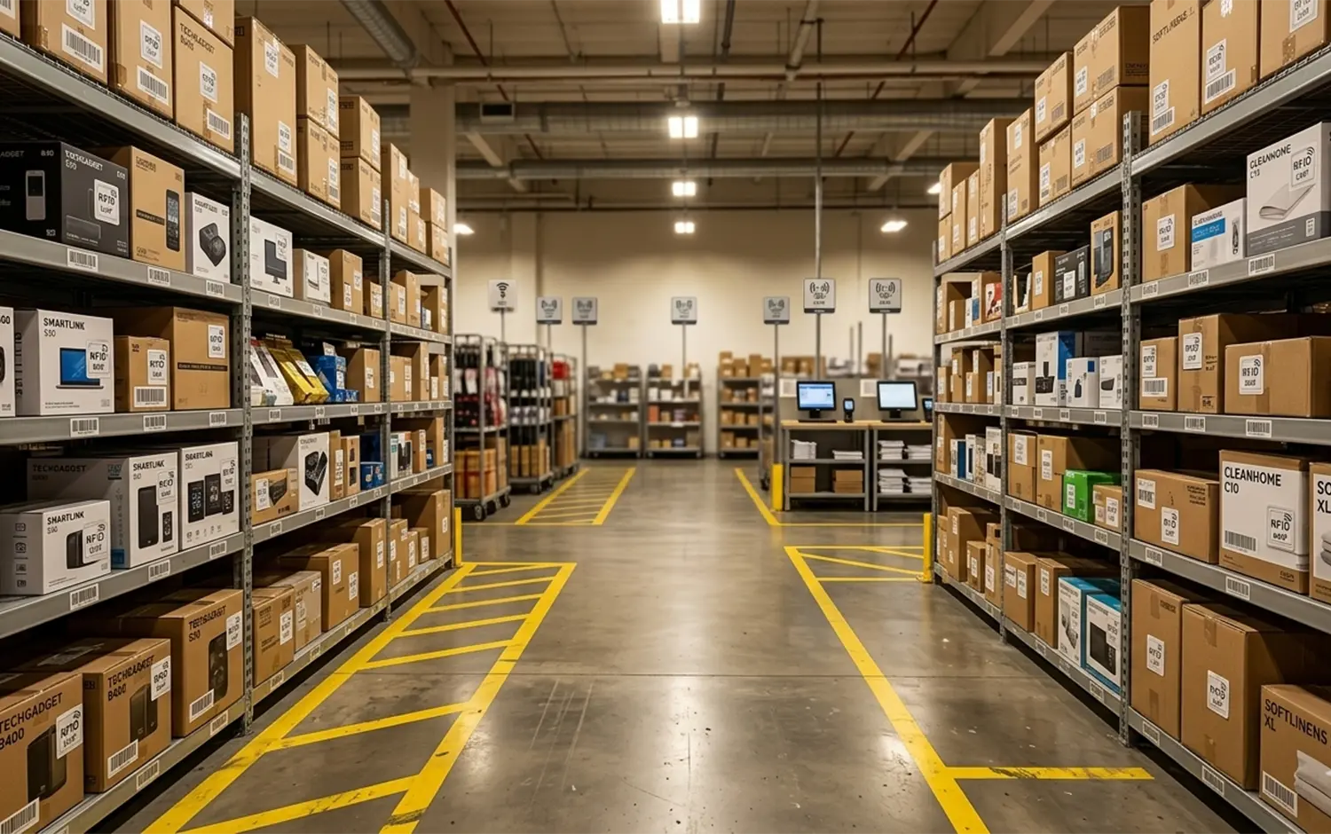 Almacén minorista con estanterías cargadas de productos con etiquetas RFID y códigos de barras