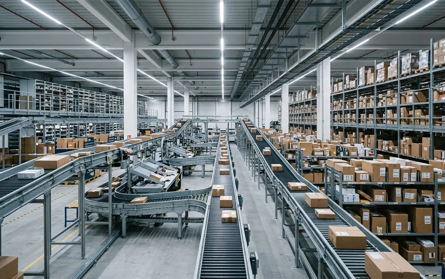 Centro logístico con cintas transportadoras y estanterías para la clasificación de paquetes