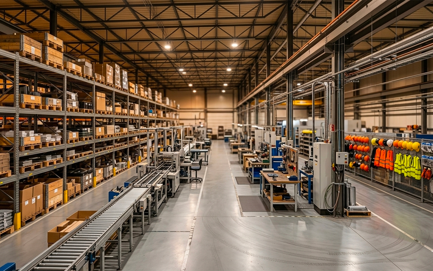 Almacén industrial con línea de producción, estanterías y puestos de trabajo
