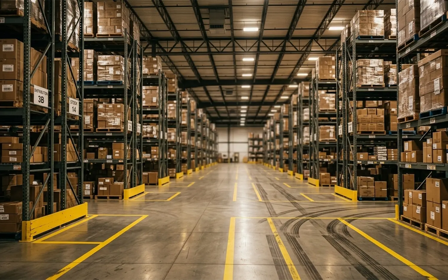 Centre de distribution avec rayonnages hauts et panneaux de sécurité jaunes