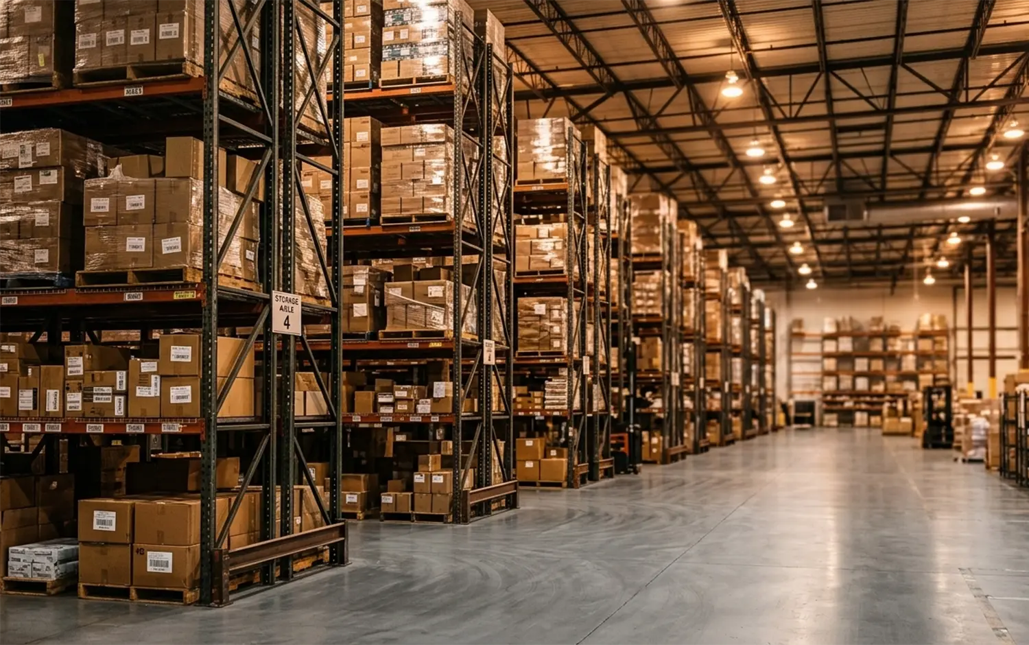 Nave industrial con estanterías metálicas y cajas para logística y distribución